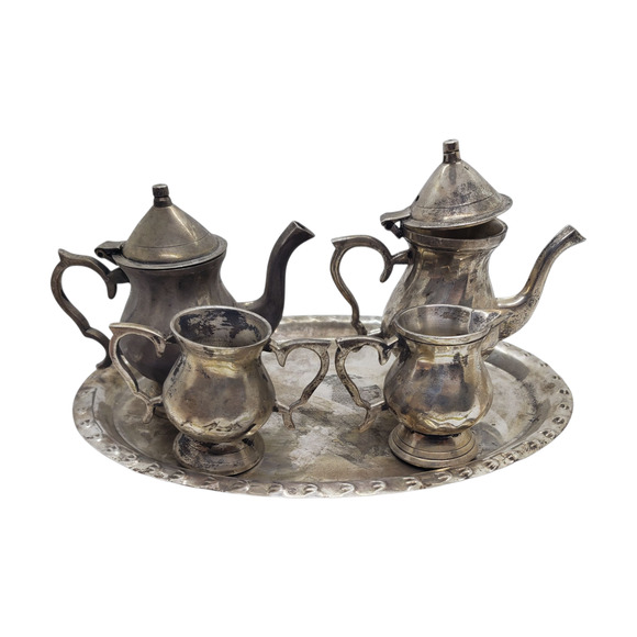 Vintage Silver Plated Miniature Tea Set Coffee Tea Pot Tray Creamer Sugar - Picture 10 of 16